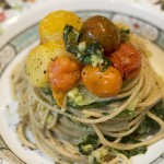 Creamy Spinach Spaghetti with Roasted Tomatoes