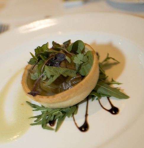 Caramelised Onion Tatin, wild roquette, marinated pear with aged balsamic, blue cheese dressing