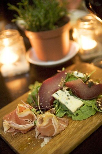 Cremorne Platter - Shaved Serrano ham, poached pears and blue cheese