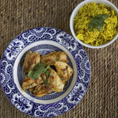 Bar-be-cued chicken with saffron rice