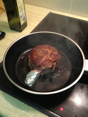 Searing the steak before finishing off in the oven for 10 minutes