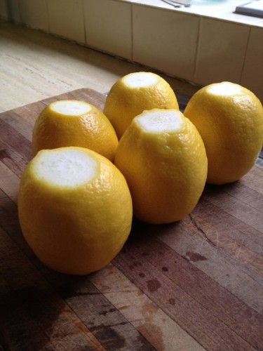 The lemons with their tops and bottoms cut off.