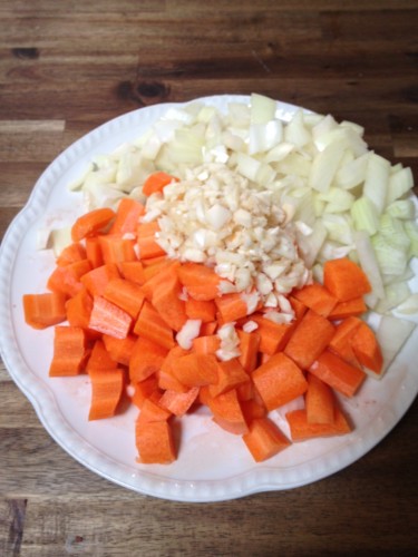 Roughly (and I mean 'roughly') chopped onions, garlic and carrots