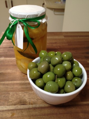 My preserved lemons and a bowl of Sicilian olives (not pitted!)