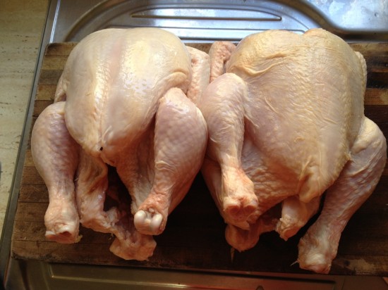 Two chickens about to be cut into 6 or 8 portions - this is the worst job!