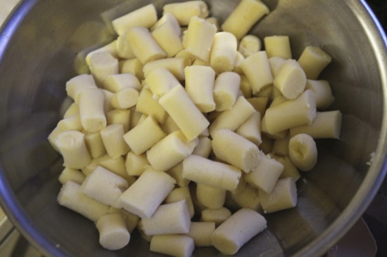 The gnocchi all rolled and cut and ready for the saucepan