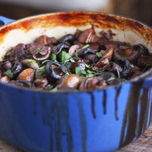 Cooked with red wine and mushrooms