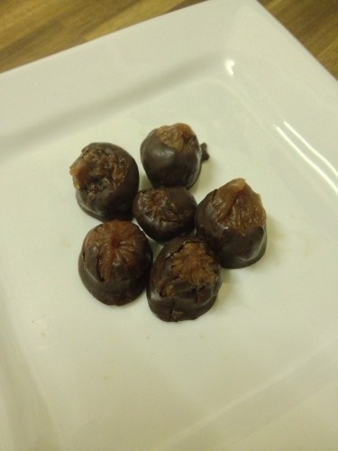 Celia's Drambuie soaked figs in dark tempered chocolate