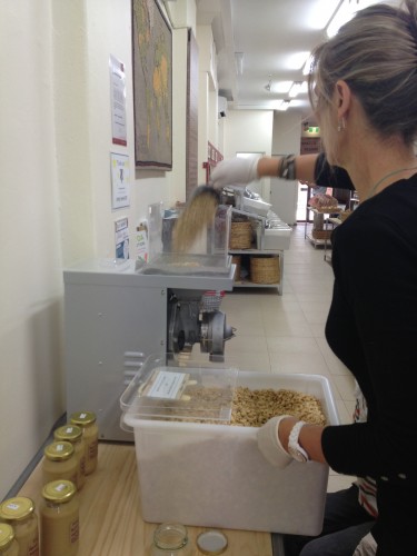 Peanuts going into the machine