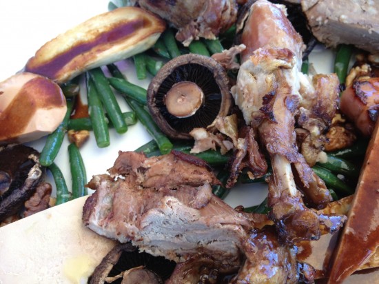 Confit goose with pancetta batons, grilled mushrooms, green beans and toasted walnuts