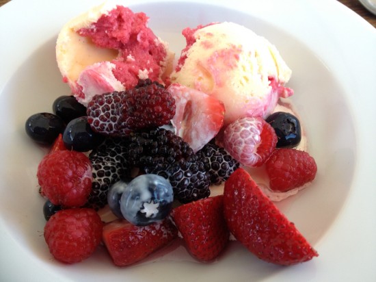 Raspberry Ripple with berry salad and cream