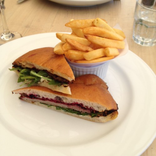 Sirloin steak sandwich with beetroot relish, rocket, horseradish and chips $25.00