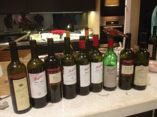 The line-up.  More than half the bottles came from Penfolds. 