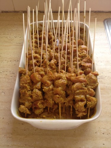 After marinating I threaded the pork onto the skewers in a weaving pattern