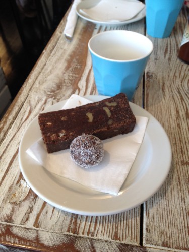 Our two desserts - a raw protein ball and a gluten-free brownie.  