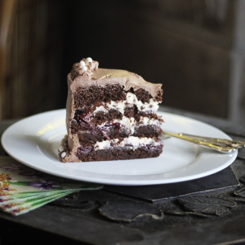 A generous slice of black forest cake