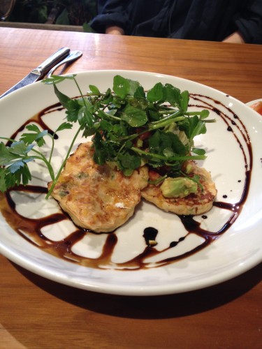 Sweet Corn Fritters, watercress salad and chilli balsamic reduction $14.50
