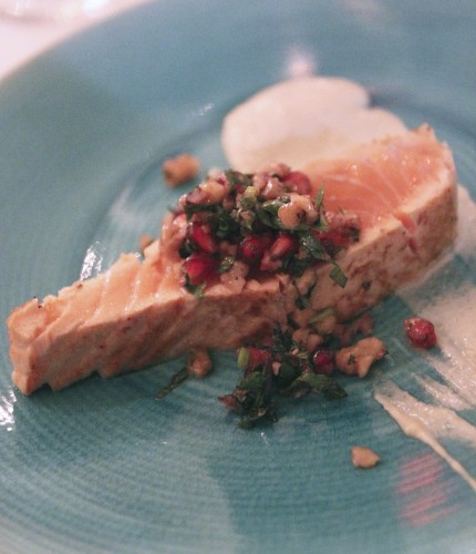 Salmon with tahini, walnut and pomegranate 