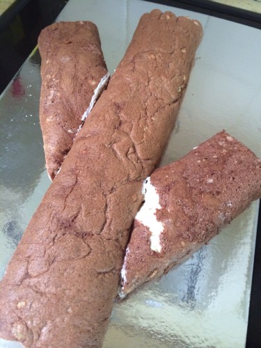 Turning 2 chocolate rolls into a log