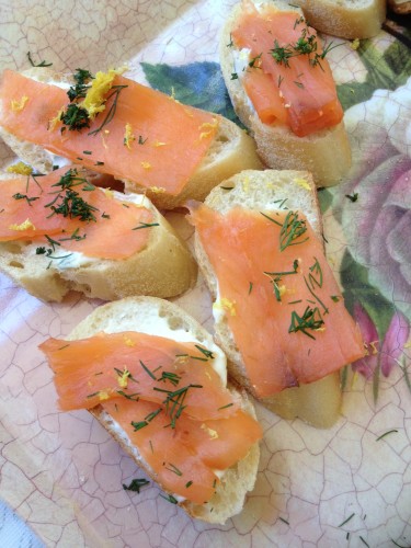 Smoked salmon and cream cheese on baguettes