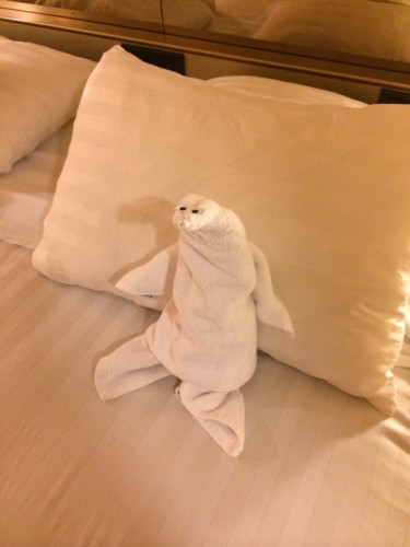 At night our steward would put a towel creature on Alfie's pillow.  This is a penguin.  