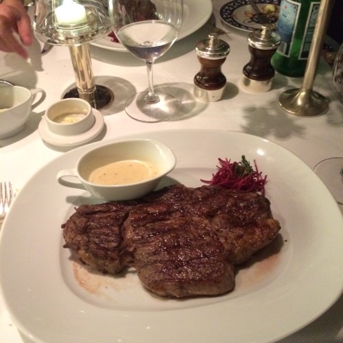 Carl's medium-rare steak with horseradish cream