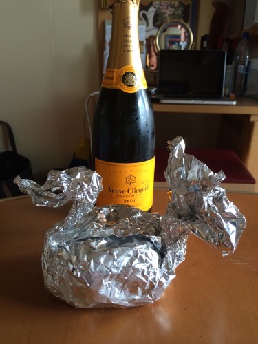 The champagne from our three children but organised by our one daughter (we didn't open it that night as I already had a bottle of Mumm), and our dessert that had become a swan.  