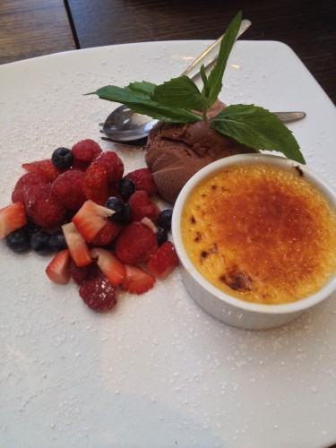 White Chocolate Brulee with summer berries and chocolate ice cream $14.00 & GF