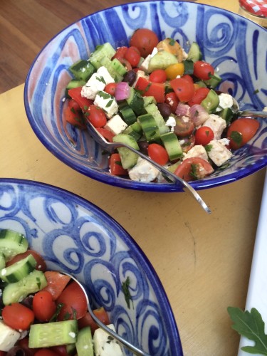 Greek salads in the bowls made by my auntie