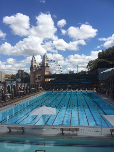 The Olympic pool, the baby pool and Luna Park in the distance