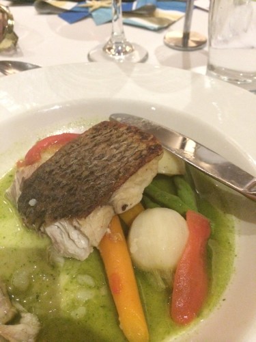 Pan fried barramundi with spring vegetables, chat potatoes and pistou broth