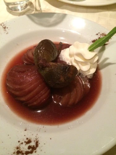 Pear and fig poached in red wine and black currant juice