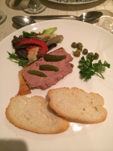 Country-style liver pate with gherkins, baby capers and toasted bread