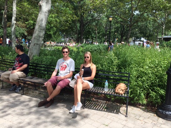 Relaxing at Battery Park not realising we needed to be queuing for the ferry to Liberty Island