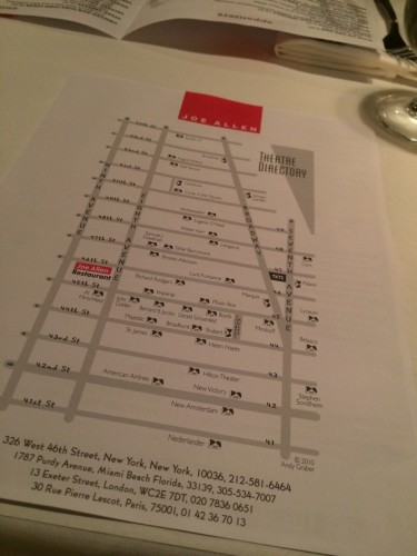 The front page of the menu is a map of Broadway