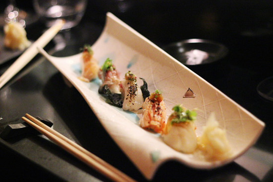 Sashimi:  Deep water snapper, mackerel, tai ceviche sushi, salmon belly and scallop