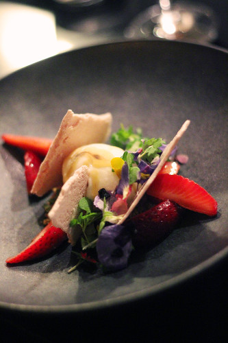 Goat's Cheese Sorbet with strawberry meringue shards and balsamic strawberries 
