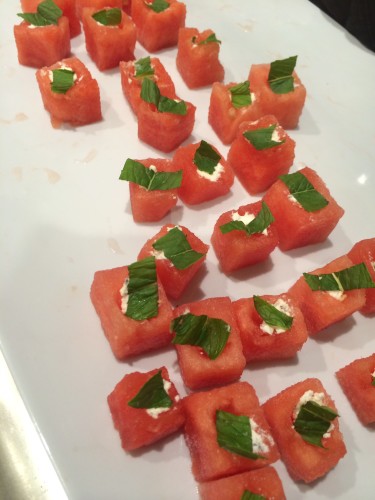 Cubed watermelon with goat's cheese and mint