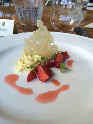 Olive oil mousse with crispy parmigiano reggiano and marinated strawberries