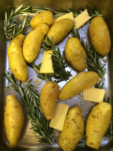 Kipfler potatoes heading to the oven