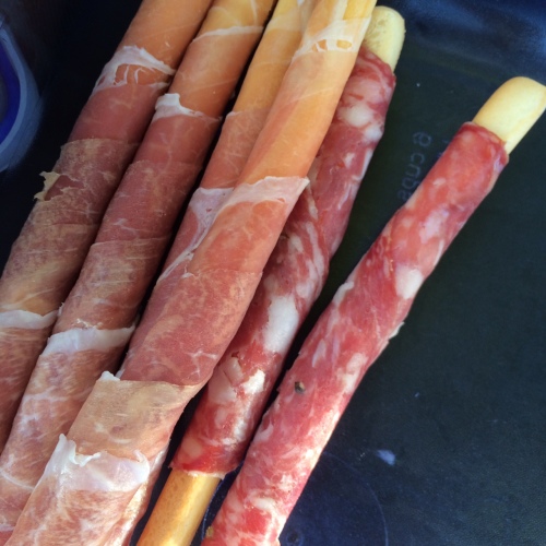 Prosciutto and salami wrapped in crostini