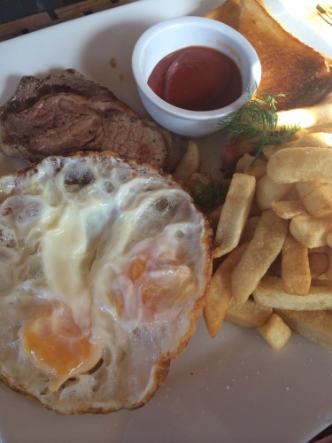 Steak, Eggs 'n' Chips: 1400 vt or about AUS$15.00