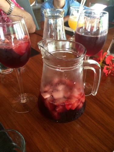 Sangria Red:  Red wine, Cointreau, Sprite, Mixed Fruits.  To share:  2000 vt
