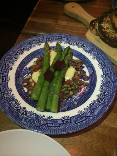 Warm asparagus salad with puy lentil dressing:  $16.00