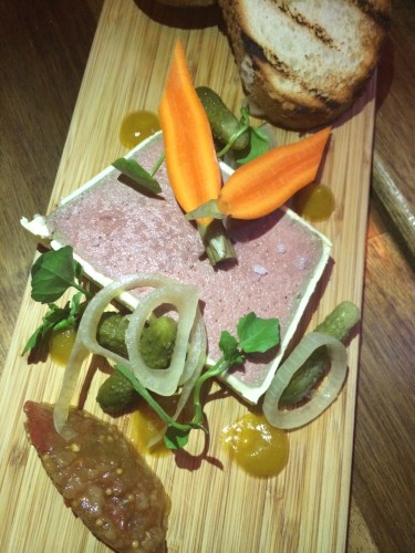 Chicken liver parfait, curried apple sauce, pickles and wholemeal toast:  $16.00