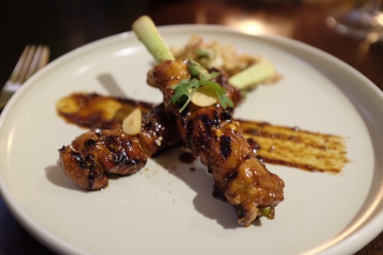 Coriander marinated char-grilled chicken on lemongrass skewers: About $9.50