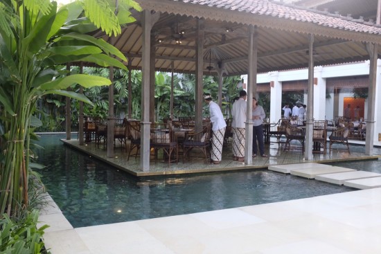 The dining area is surrounded by water features 