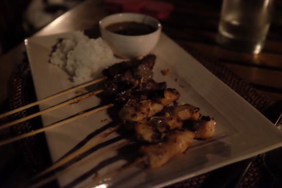 Half Dozen Chicken and Beef Satay Skewers with Rice: about $9.50