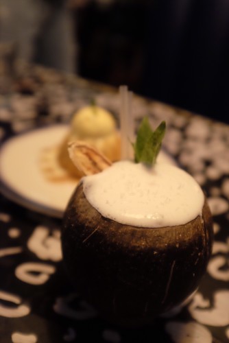 Rosie's Coco Colada - Pampero dark rum infused with pimento, pineapple, coco lopez, sugarcane, lime, banana - $18.00