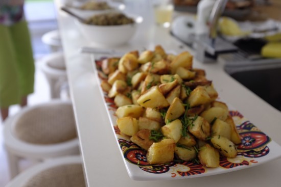 A platter of potatoes on the buffet 